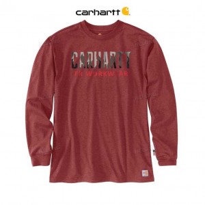 Carhartt Flame-Resistant Force Loose Fit Lightweight Long-Sleeve Camo Graphic T-Shirt Red Brown Heather | TH0002458