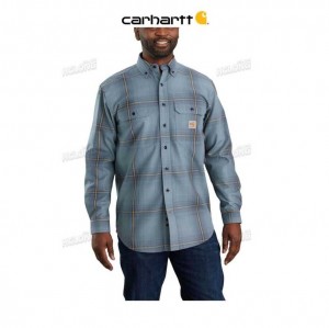 Carhartt Flame Resistant Force Rugged Flex Loose Fit Twill Long-Sleeve Plaid Shirt Steel Blue | TH0000826