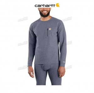 Carhartt Force Heavyweight Heathered Knit Base Layer Crewneck Pocket Top Navy Heather | TH0002625