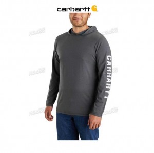 Carhartt Force Relaxed Fit Midweight Long-Sleeve Logo Graphic Hooded T-Shirt Carbon Heather | TH0002520