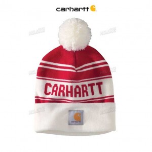 Carhartt Knit Pom-Pom Cuffed Logo Beanie Red | TH0000678