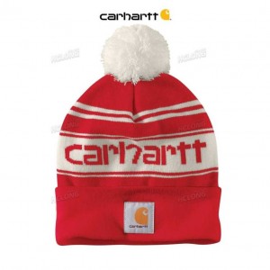 Carhartt Knit Pom-Pom Cuffed Logo Beanie Red / Winter White | TH0000681