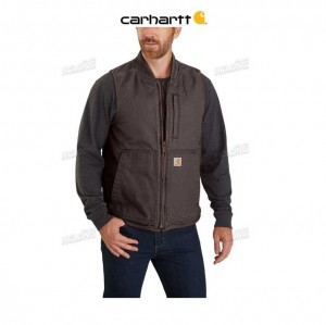 Carhartt Loose Fit Washed Duck Insulated Rib Collar Vest Dark Brown | TH0002739