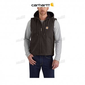 Carhartt Relaxed Fit Washed Duck Fleece-Lined Hooded Vest Dark Brown | TH0002717