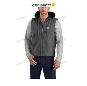 Carhartt Relaxed Fit Washed Duck Fleece-Lined Hooded Vest Gravel | TH0002718