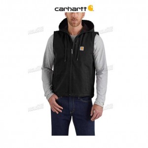 Carhartt Relaxed Fit Washed Duck Fleece-Lined Hooded Vest Black | TH0002719