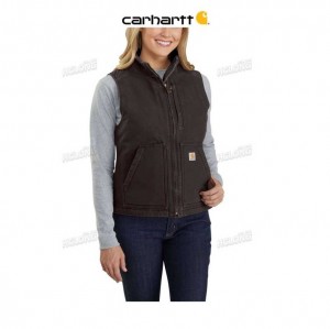 Carhartt Relaxed Fit Washed Duck Sherpa Lined Mock Neck Vest Dark Brown | TH0002724