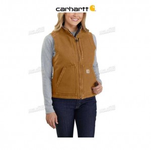 Carhartt Relaxed Fit Washed Duck Sherpa Lined Mock Neck Vest Brown | TH0002725