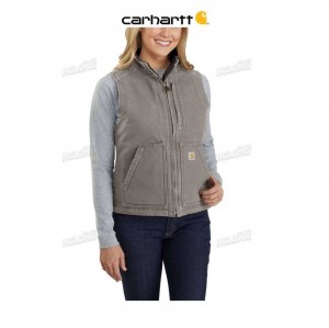 Carhartt Relaxed Fit Washed Duck Sherpa Lined Mock Neck Vest Taupe Gray | TH0002726