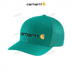 Carhartt Rugged Flex Fitted Canvas Mesh-Back Logo Graphic Cap Cadmium Green | TH0000922