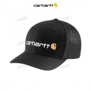 Carhartt Rugged Flex Fitted Canvas Mesh-Back Logo Graphic Cap Black | TH0000923