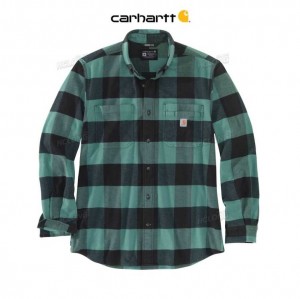 Carhartt Rugged Flex Relaxed Fit Midweight Flannel Long-Sleeve Plaid Shirt Slate Green | TH0000831