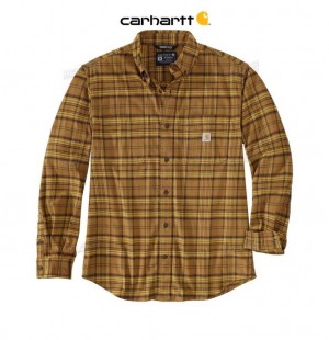 Carhartt Rugged Flex Relaxed Fit Midweight Flannel Long-Sleeve Plaid Shirt Oak Brown | TH0000832