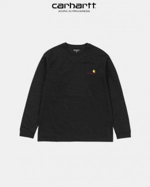 Carhartt Wip American Script Long Sleeve T-Shirt Black | TH0002088