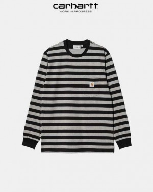 Carhartt Wip Merrick Stripe Long Sleeve Pocket T-Shirt Black / Grey Heather | TH0002262