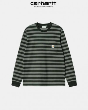 Carhartt Wip Merrick Stripe Long Sleeve Pocket T-Shirt Dark Cedar / Thyme | TH0002263