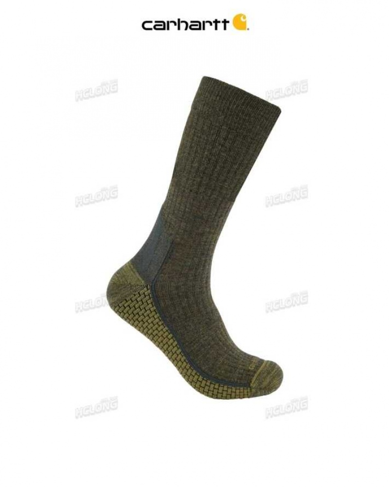 Carhartt Force Grid Midweight Merino Wool Blend Crew Sock Olive | TH0001995