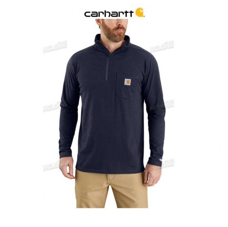 Carhartt Force Relaxed Fit Midweight Long-Sleeve Quarter-Zip Mock-Neck T-Shirt Navy | TH0002432