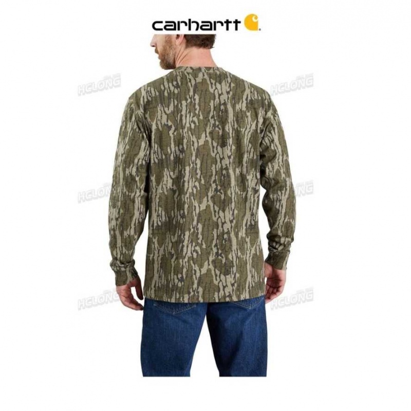 Carhartt Loose Fit Heavyweight Long-Sleeve Pocket Camo Logo Graphic T-Shirt Mossy Oak Bottomland Camo | TH0002521