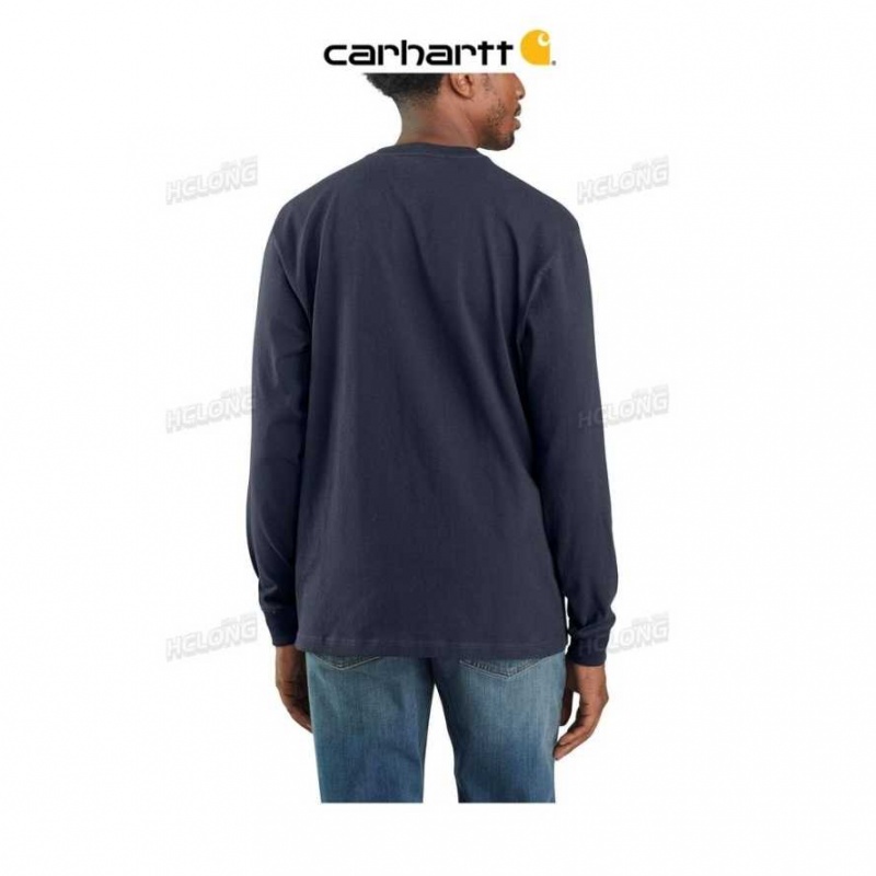 Carhartt Loose Fit Heavyweight Long-Sleeve Logo Sleeve Graphic T-Shirt Navy | TH0002569