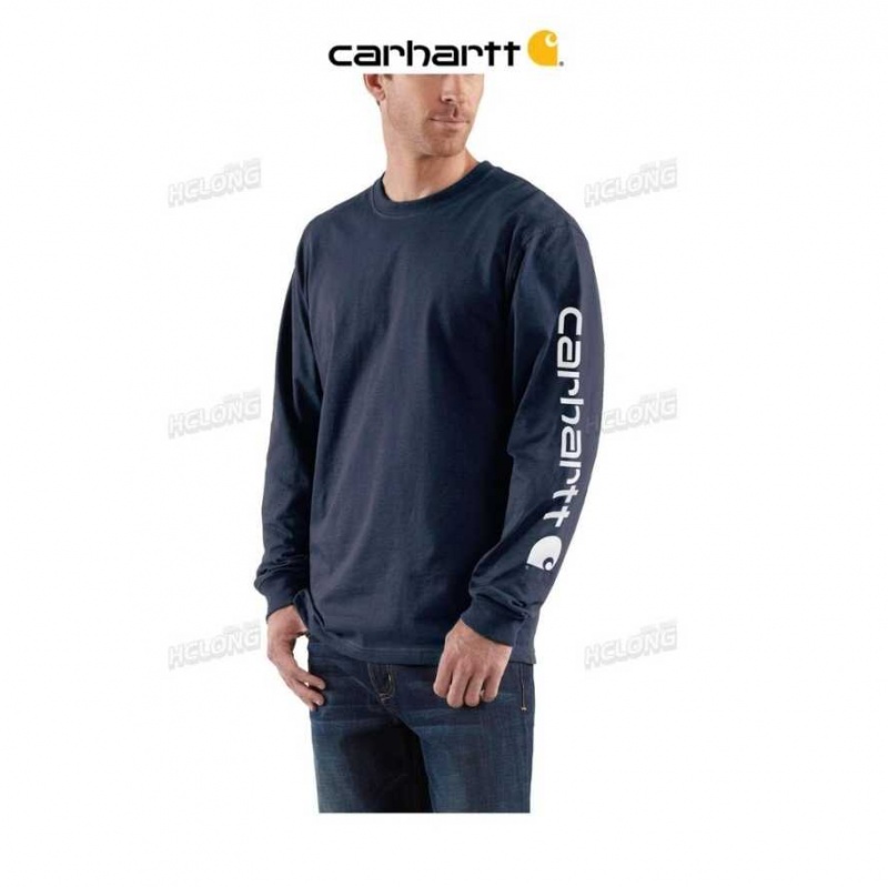 Carhartt Loose Fit Heavyweight Long-Sleeve Logo Sleeve Graphic T-Shirt Navy | TH0002569