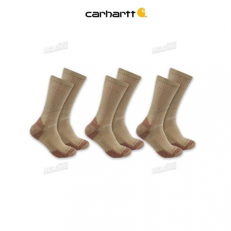 Carhartt Midweight Cotton Blend Crew Sock 3-Pack Khaki | TH0001972