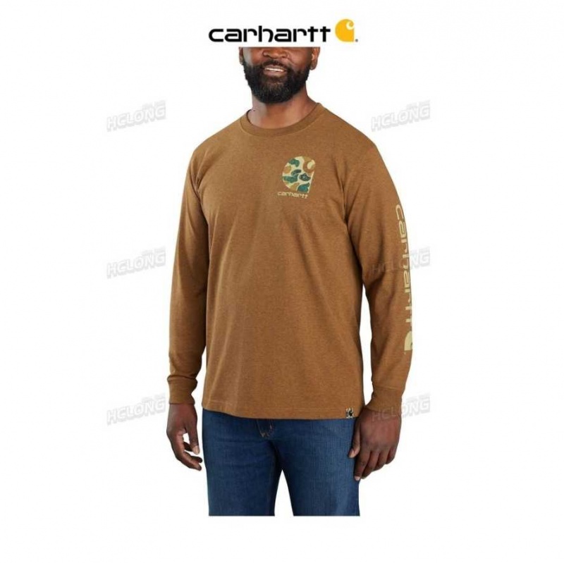 Carhartt Relaxed Fit Heavyweight Long-Sleeve Camo Logo Graphic T-Shirt Oiled Walnut Heather | TH0002522