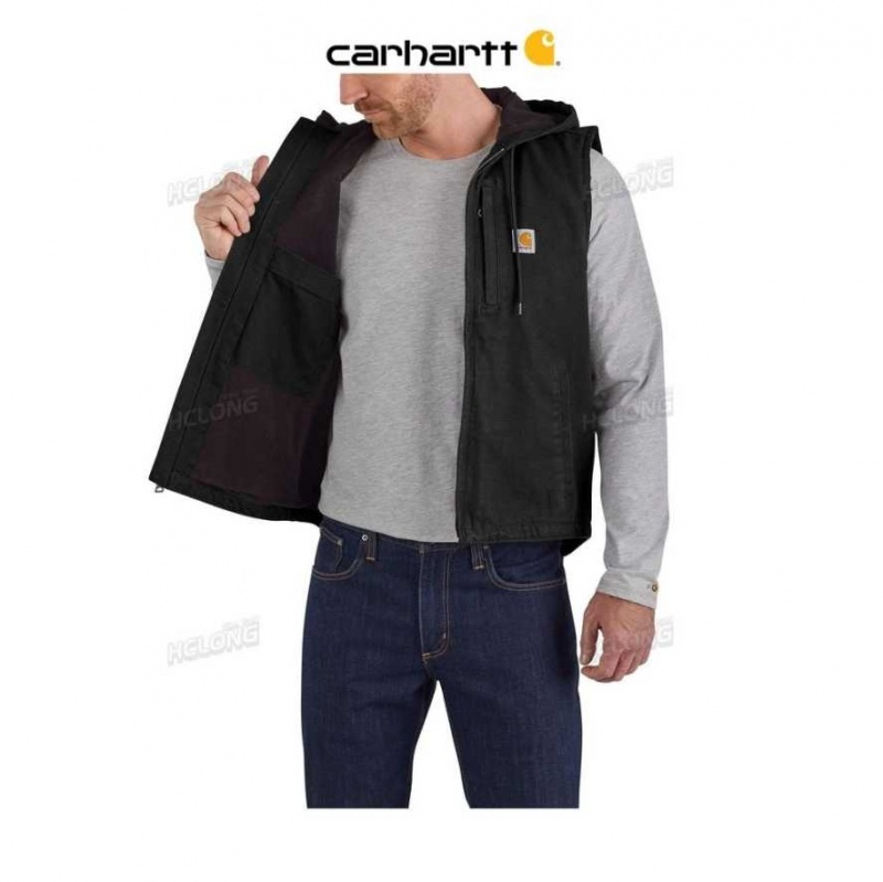 Carhartt Relaxed Fit Washed Duck Fleece-Lined Hooded Vest Black | TH0002719