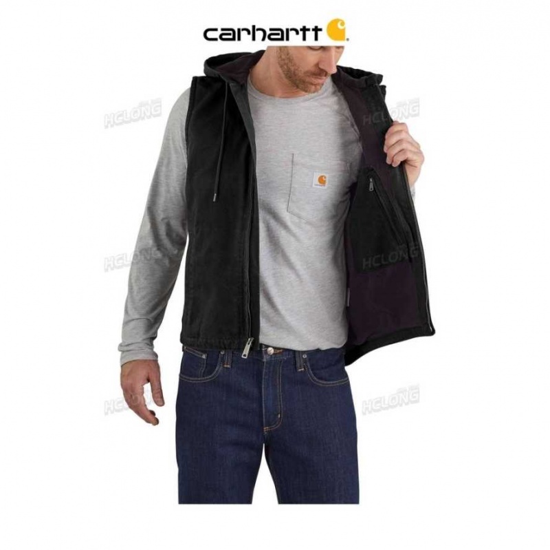 Carhartt Relaxed Fit Washed Duck Fleece-Lined Hooded Vest Black | TH0002719