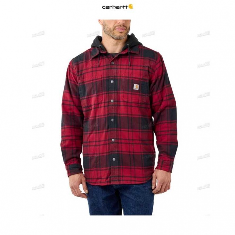 Carhartt Rugged Flex Relaxed Fit Flannel Fleece Lined Hooded Shirt Jac Oxblood | TH0001751