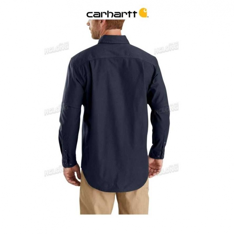 Carhartt Rugged Flex Relaxed Fit Midweight Canvas Long-Sleeve Shirt Navy | TH0002420