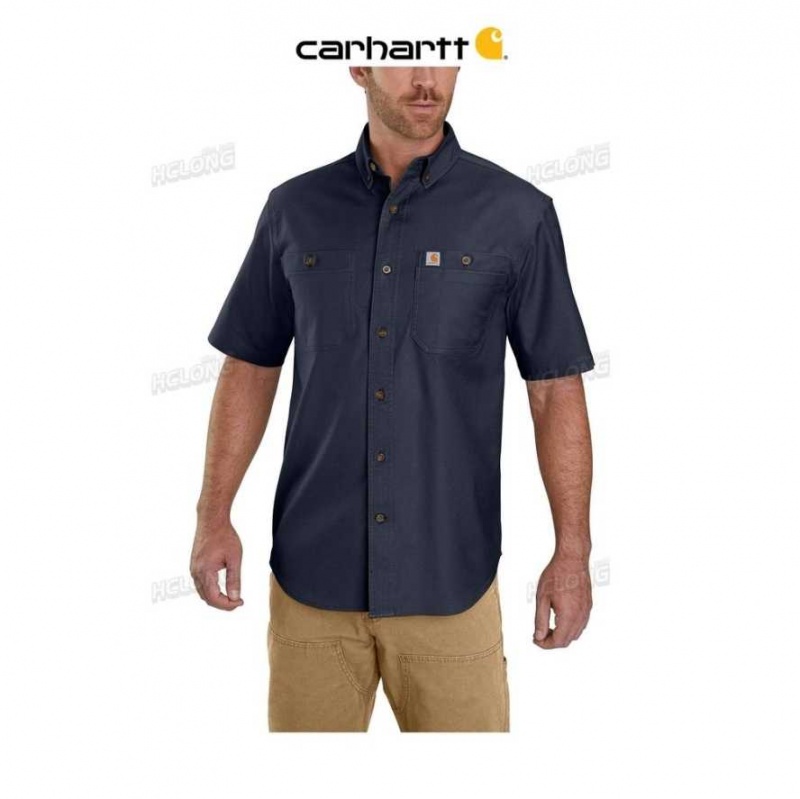 Carhartt Rugged Flex Relaxed Fit Midweight Canvas Short-Sleeve Shirt Navy | TH0002422