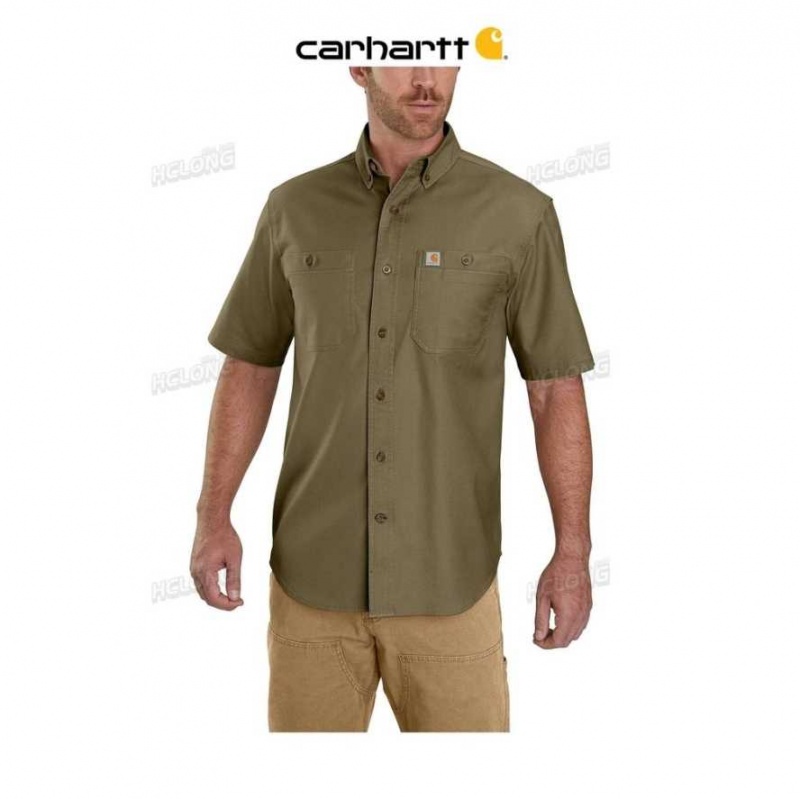 Carhartt Rugged Flex Relaxed Fit Midweight Canvas Short-Sleeve Shirt Military Olive | TH0002423