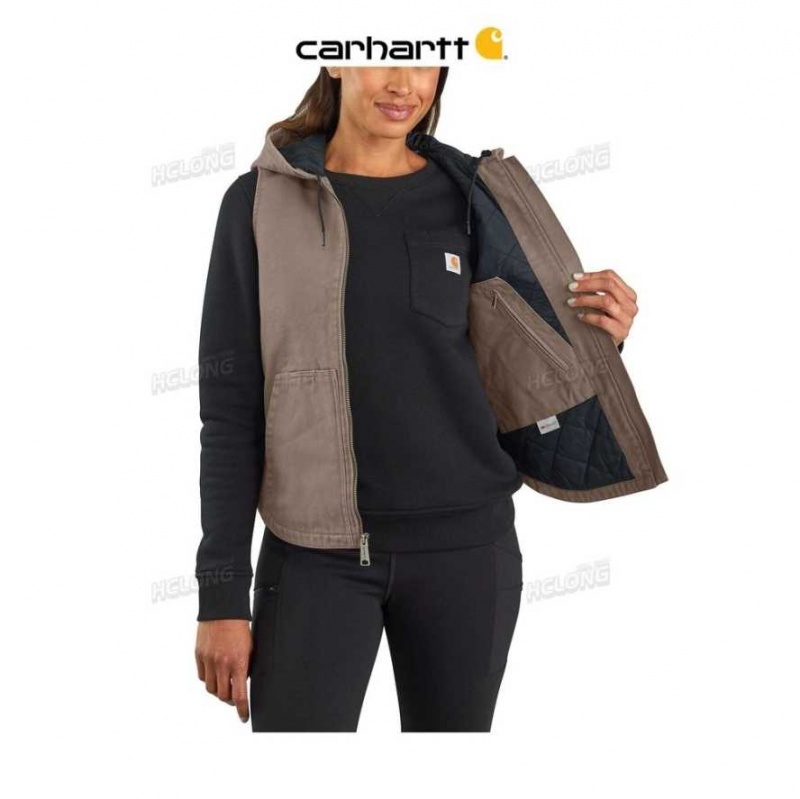 Carhartt Washed Duck Hooded Insulated Vest Taupe Gray | TH0002720