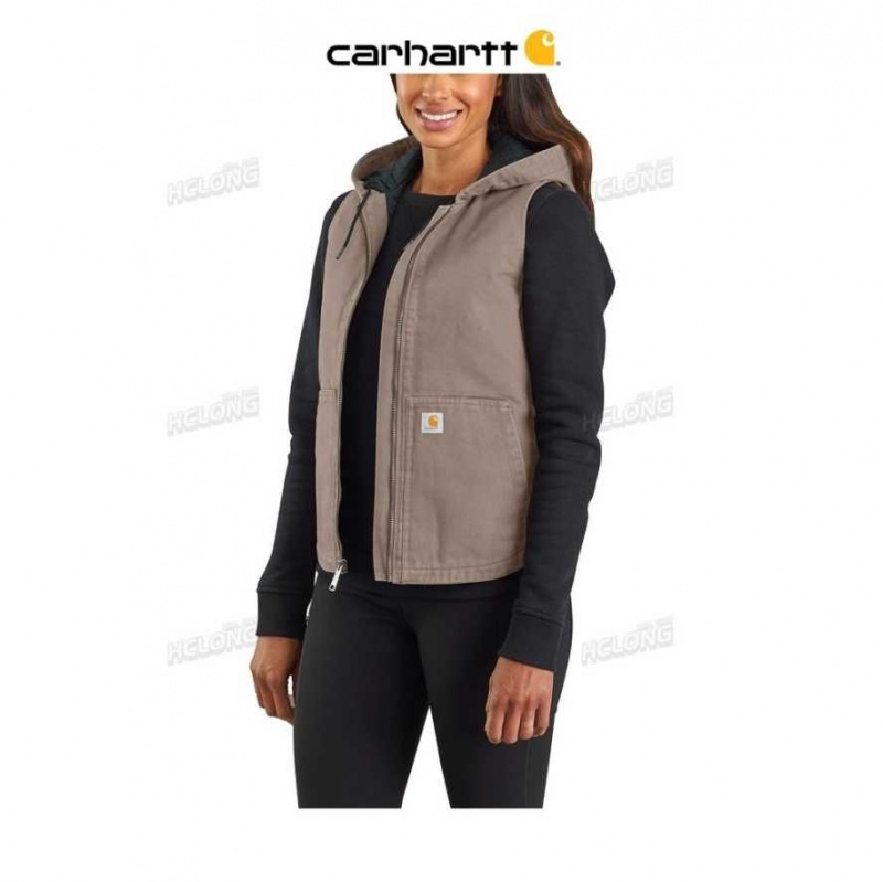 Carhartt Washed Duck Hooded Insulated Vest Taupe Gray | TH0002720