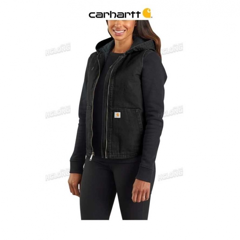 Carhartt Vests Factory Outlet Womens Washed Duck Hooded Insulated Vest Black