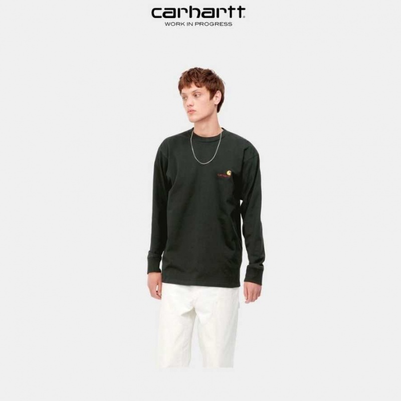 Carhartt Wip American Script Long Sleeve T-Shirt Dark Cedar | TH0002090