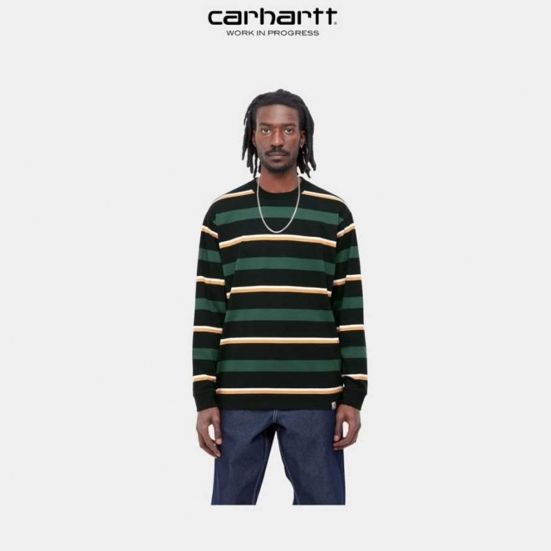 Carhartt Wip Bowman Stripe Long Sleeve T-Shirt Juniper | TH0002118