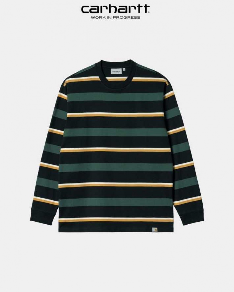 Carhartt Wip Bowman Stripe Long Sleeve T-Shirt Juniper | TH0002118