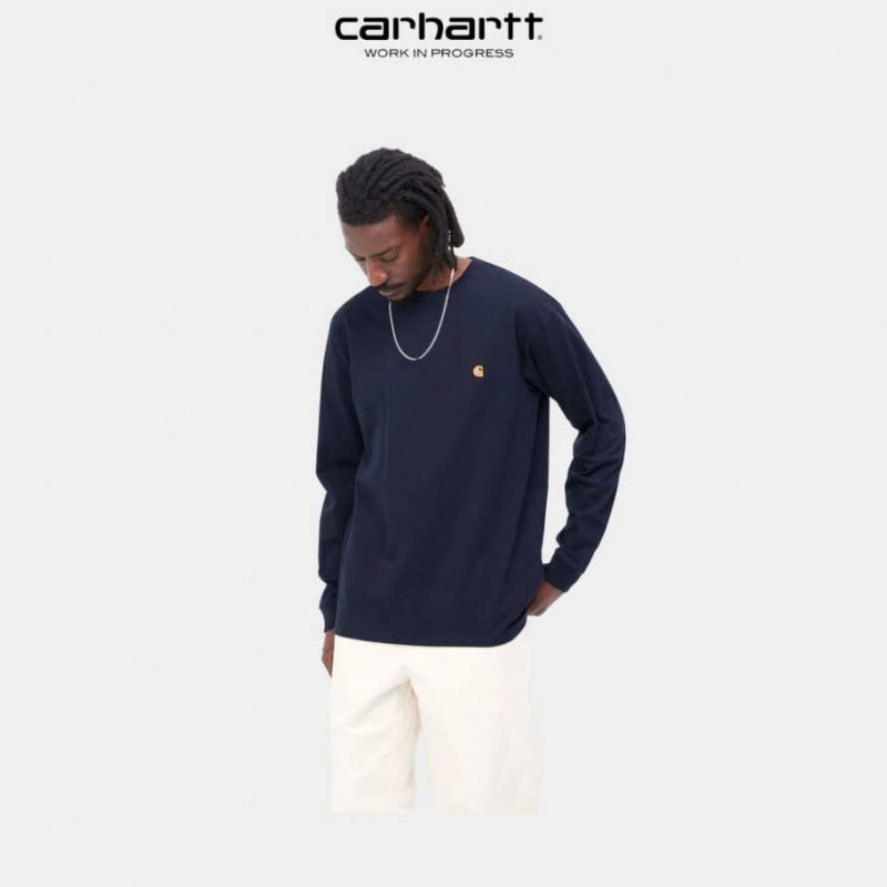 Carhartt Wip Chase Long Sleeve T-Shirt Dark Navy | TH0002147