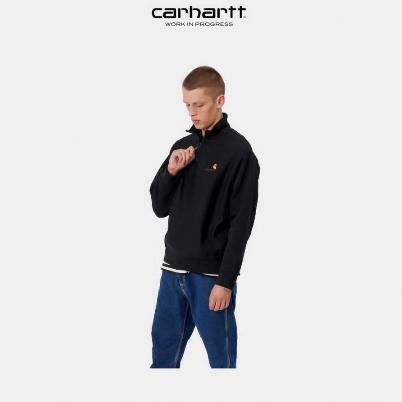 Carhartt Wip Half Zip American Script Sweatshirt Black | TH0000279