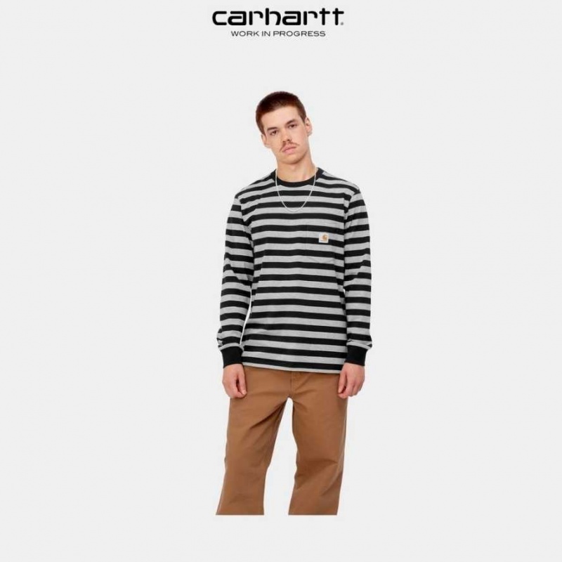 Carhartt Wip Merrick Stripe Long Sleeve Pocket T-Shirt Black / Grey Heather | TH0002262