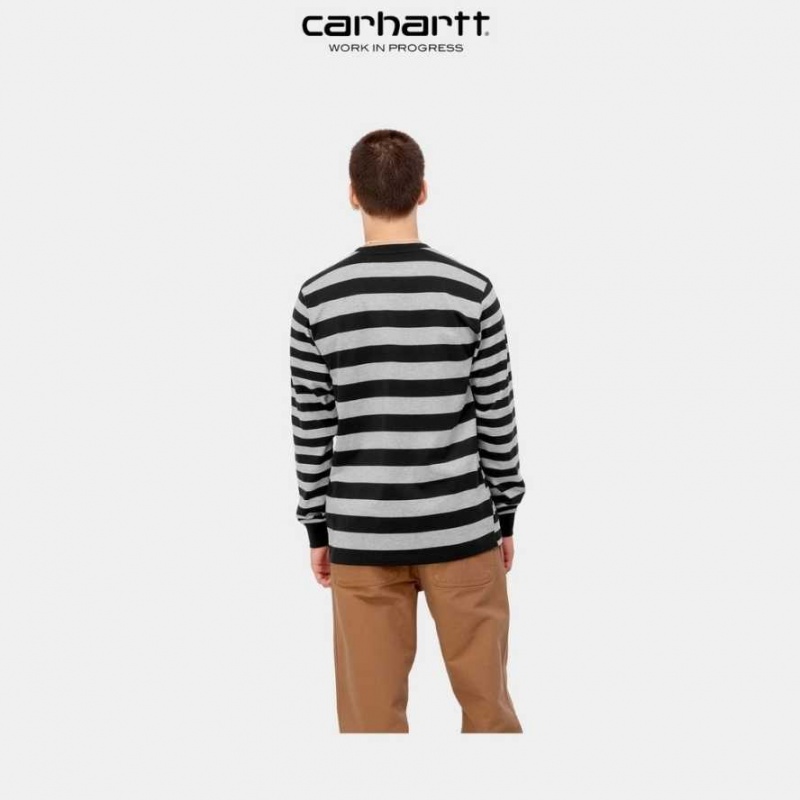 Carhartt Wip Merrick Stripe Long Sleeve Pocket T-Shirt Black / Grey Heather | TH0002262