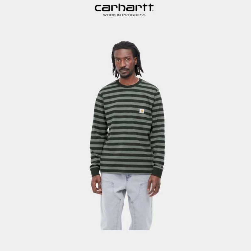 Carhartt Wip Merrick Stripe Long Sleeve Pocket T-Shirt Dark Cedar / Thyme | TH0002263