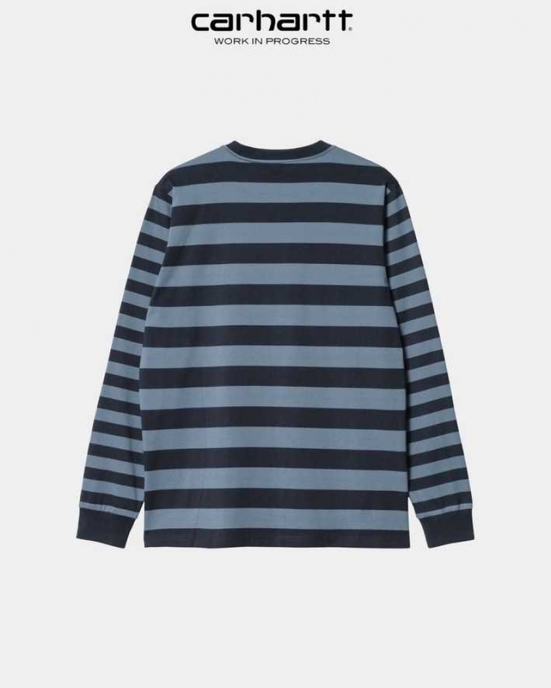 Carhartt Wip Merrick Stripe Long Sleeve Pocket T-Shirt Dark Navy / Storm Blue | TH0002264