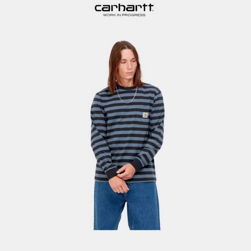 Carhartt Wip Merrick Stripe Long Sleeve Pocket T-Shirt Dark Navy / Storm Blue | TH0002264