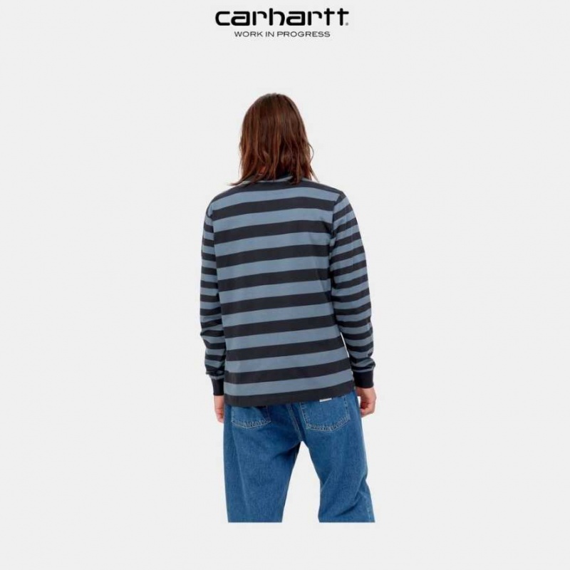 Carhartt Wip Merrick Stripe Long Sleeve Pocket T-Shirt Dark Navy / Storm Blue | TH0002264