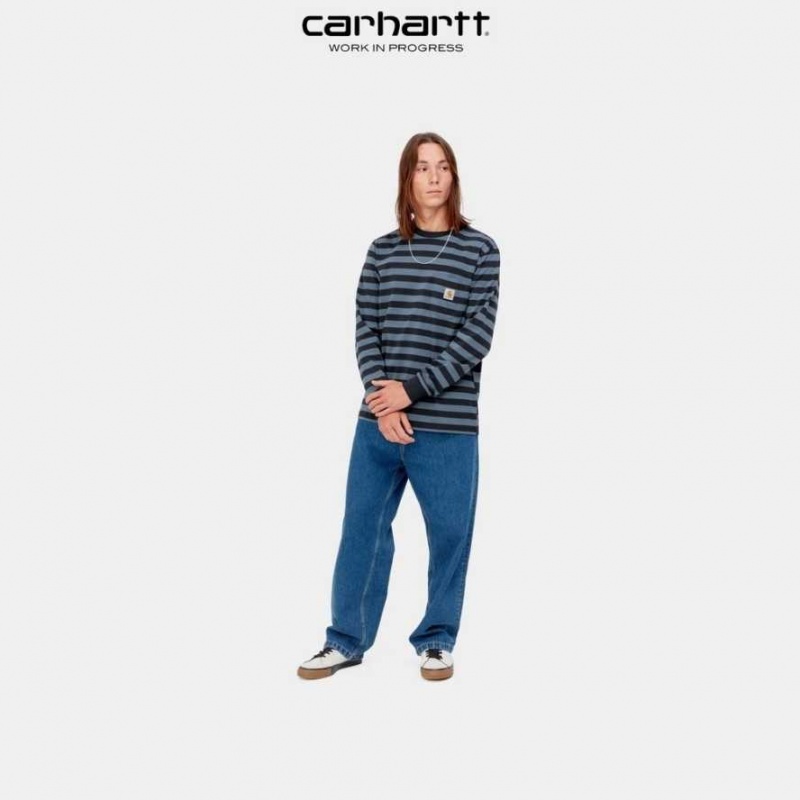 Carhartt Wip Merrick Stripe Long Sleeve Pocket T-Shirt Dark Navy / Storm Blue | TH0002264