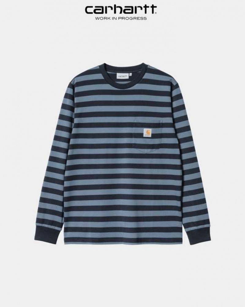 Carhartt Wip Merrick Stripe Long Sleeve Pocket T-Shirt Dark Navy / Storm Blue | TH0002264