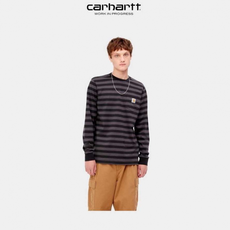 Carhartt Wip Merrick Stripe Long Sleeve Pocket T-Shirt Soot / Artichoke | TH0002265